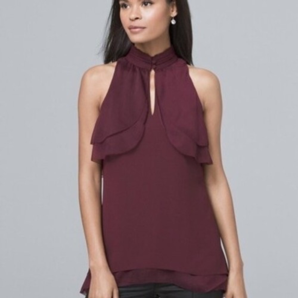White House Black Market Ruffle Tunic Port Color Size 6 Sleeveless Mock Neck